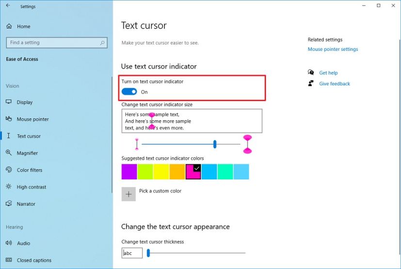 Text cursor indicator option on Windows 10