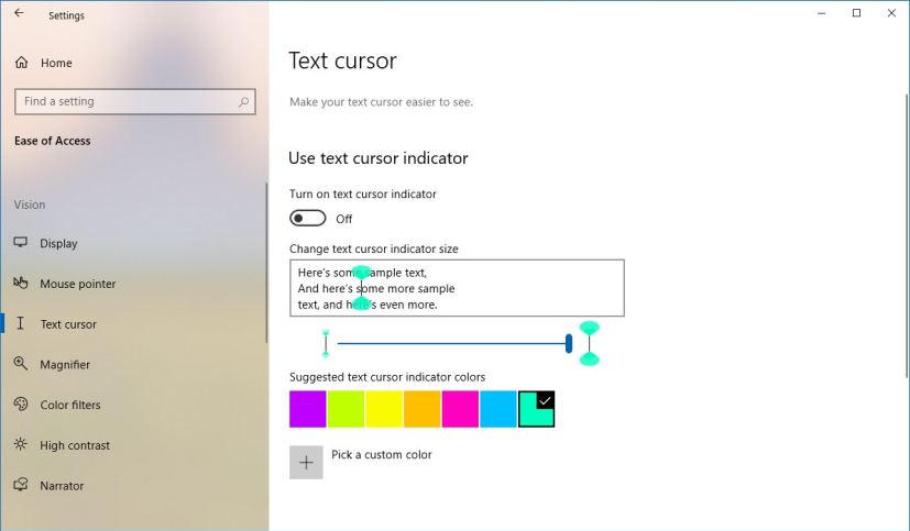 Text cursor settings on Windows 10 version 2004