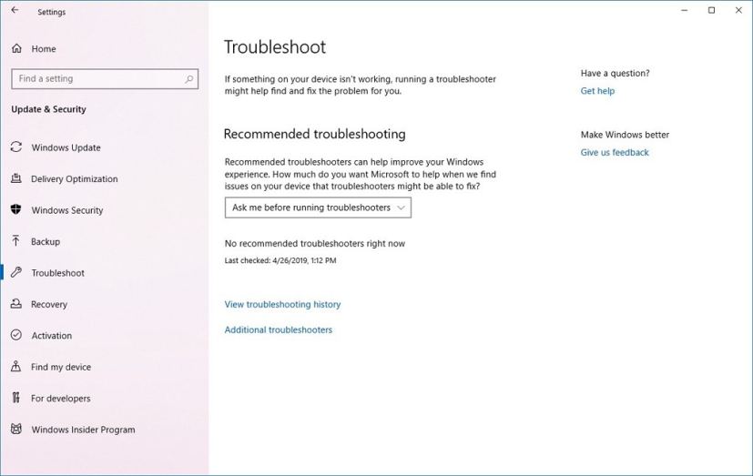Troubleshoot page without troubleshooters on Windows 10 20H1