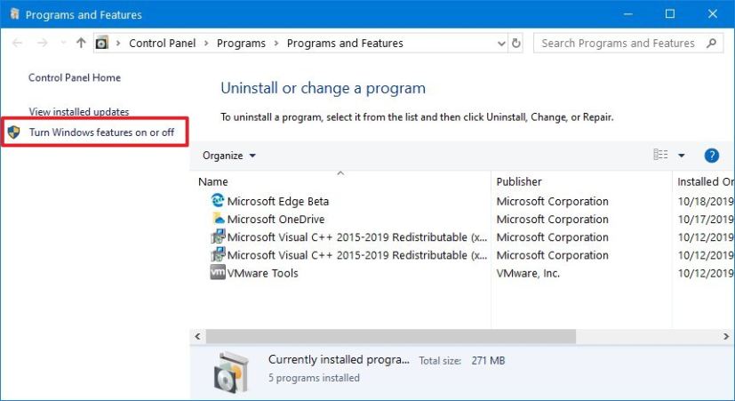 Turn Windows Features on or off option