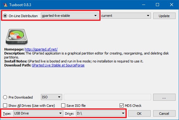 Tuxbox tool creating a GParted bootable drive