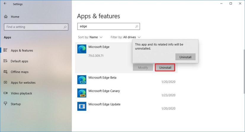 Windows 10 Settings uninstall Edge option