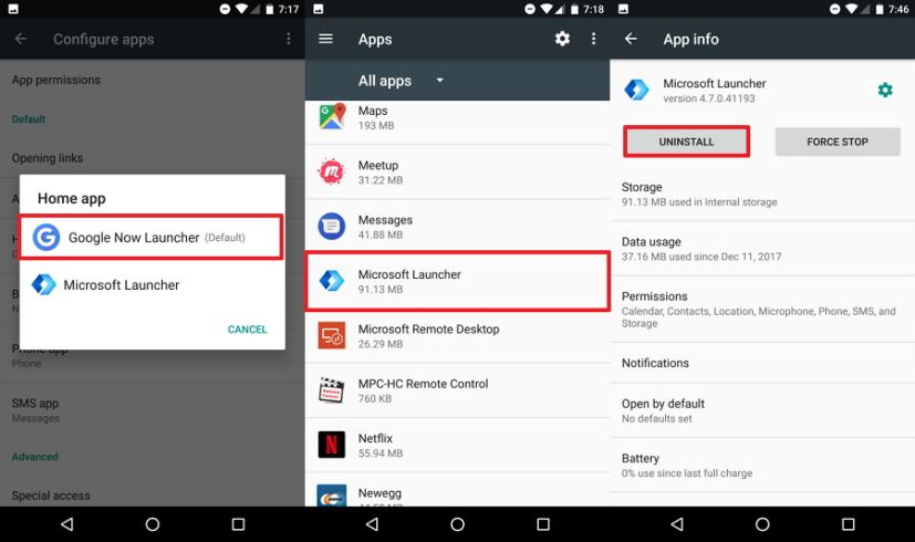 Uninstall Microsoft Launcher on Android