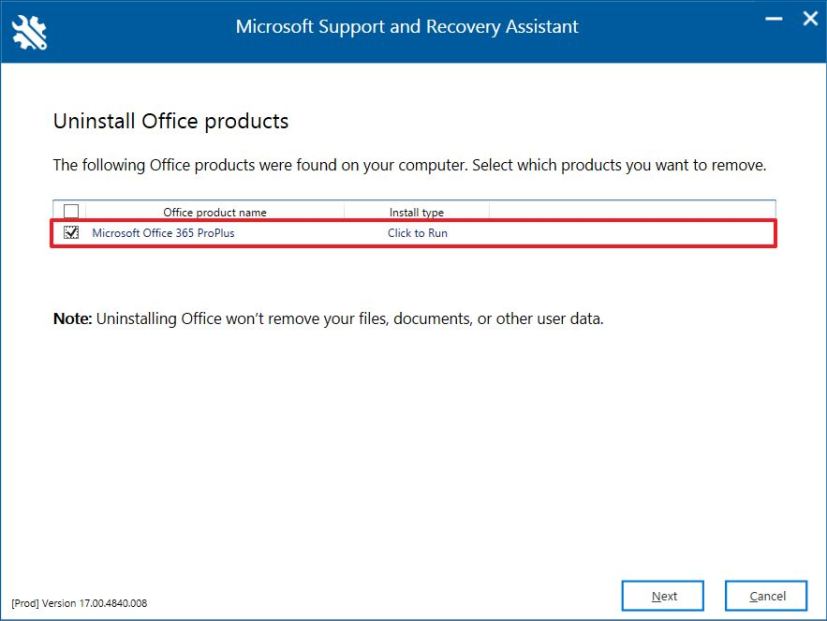 Select Microsoft 365 Office to uninstall