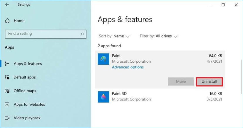 Windows 10 21H2 uninstall Paint