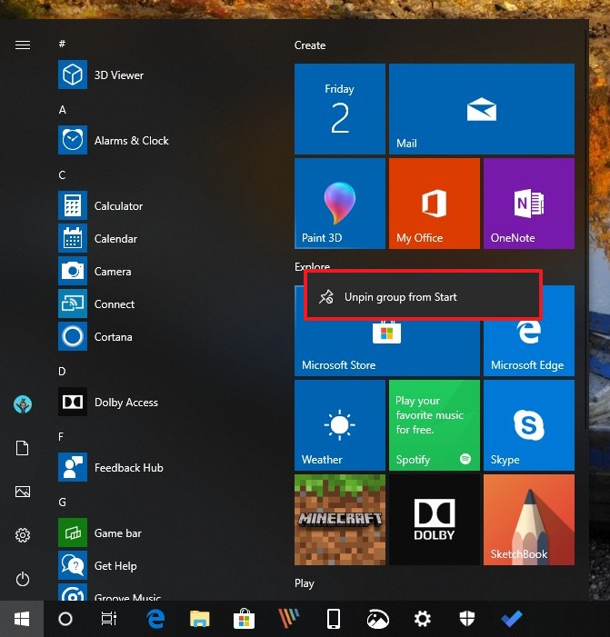 Start menu with unpin option for group tiles and folders