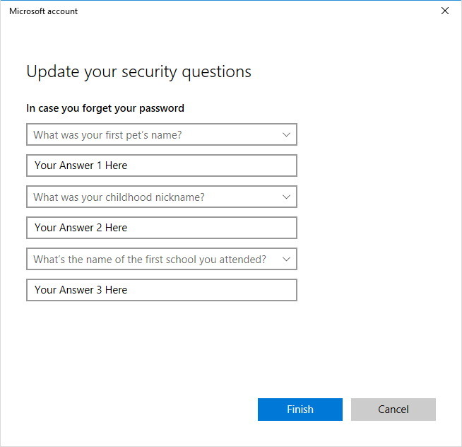 Update security questions Windows 10 local account