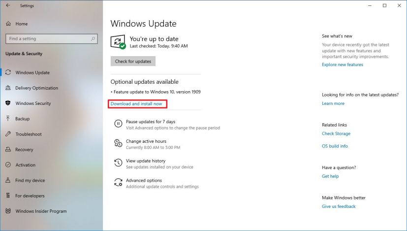 Download and install version 1909 using Windows Update