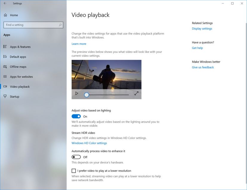 Video playback settings on Windows 10 build 17704