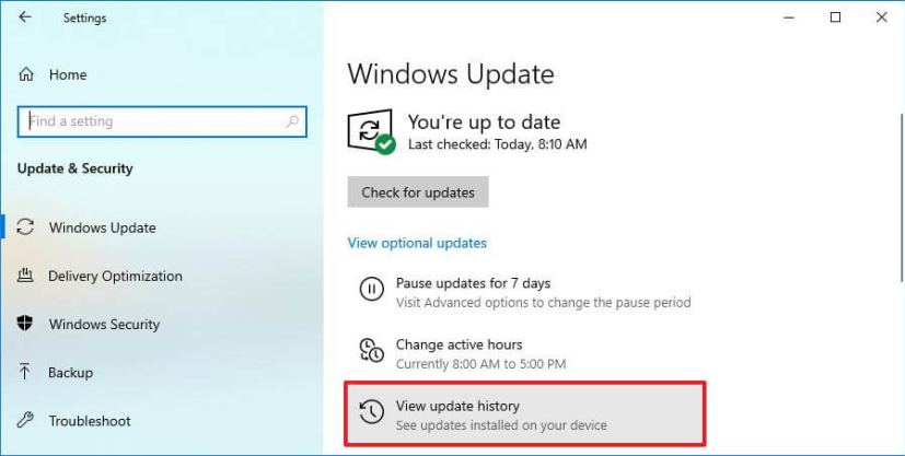 View update history option on Windows 10