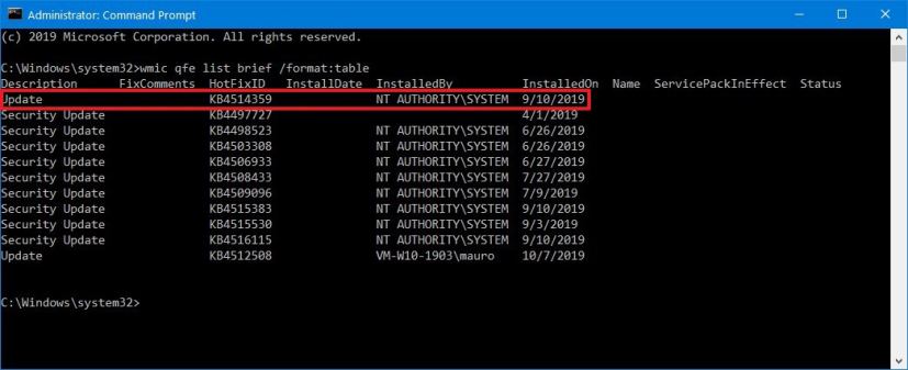 View Windows 10 update history using Command Prompt