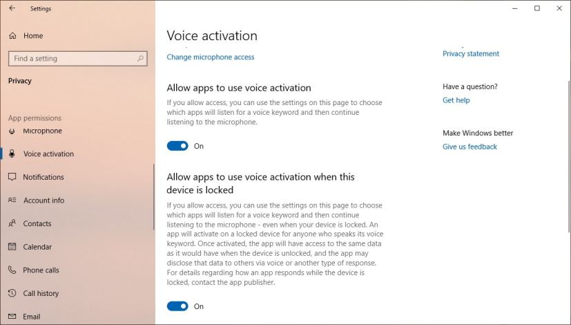 Voice Activation settings on Windows 10 version 1903