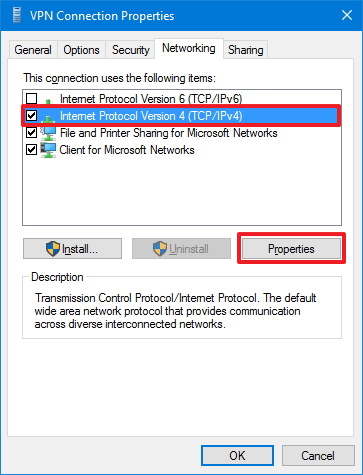 VPN Connection Networking options on Windows 10