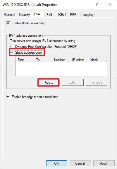 VPN server static address pool option