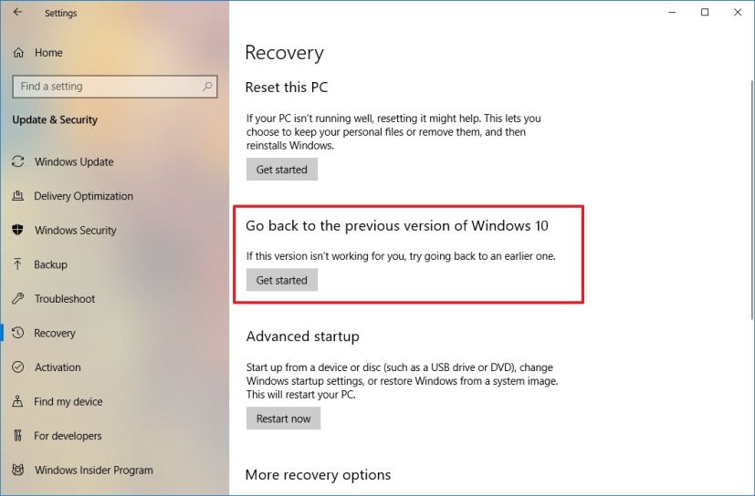Windows 10 version 1809 recovery options