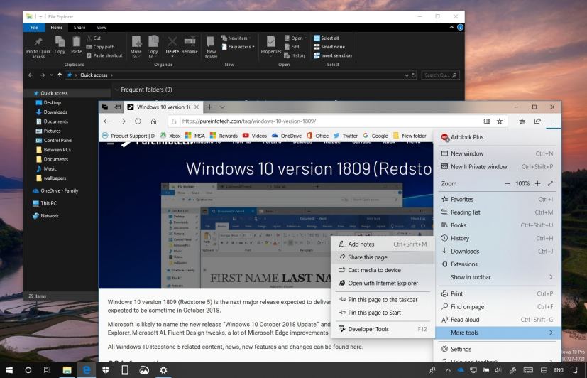 Windows 10 version 1809 with File Explorer in dark mode and Edge new menu