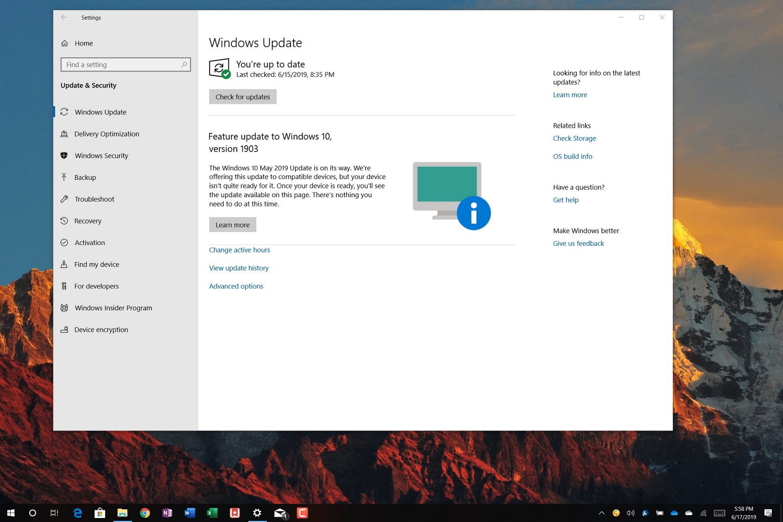 Windows 10 version 1903 compatibility message on Windows Update