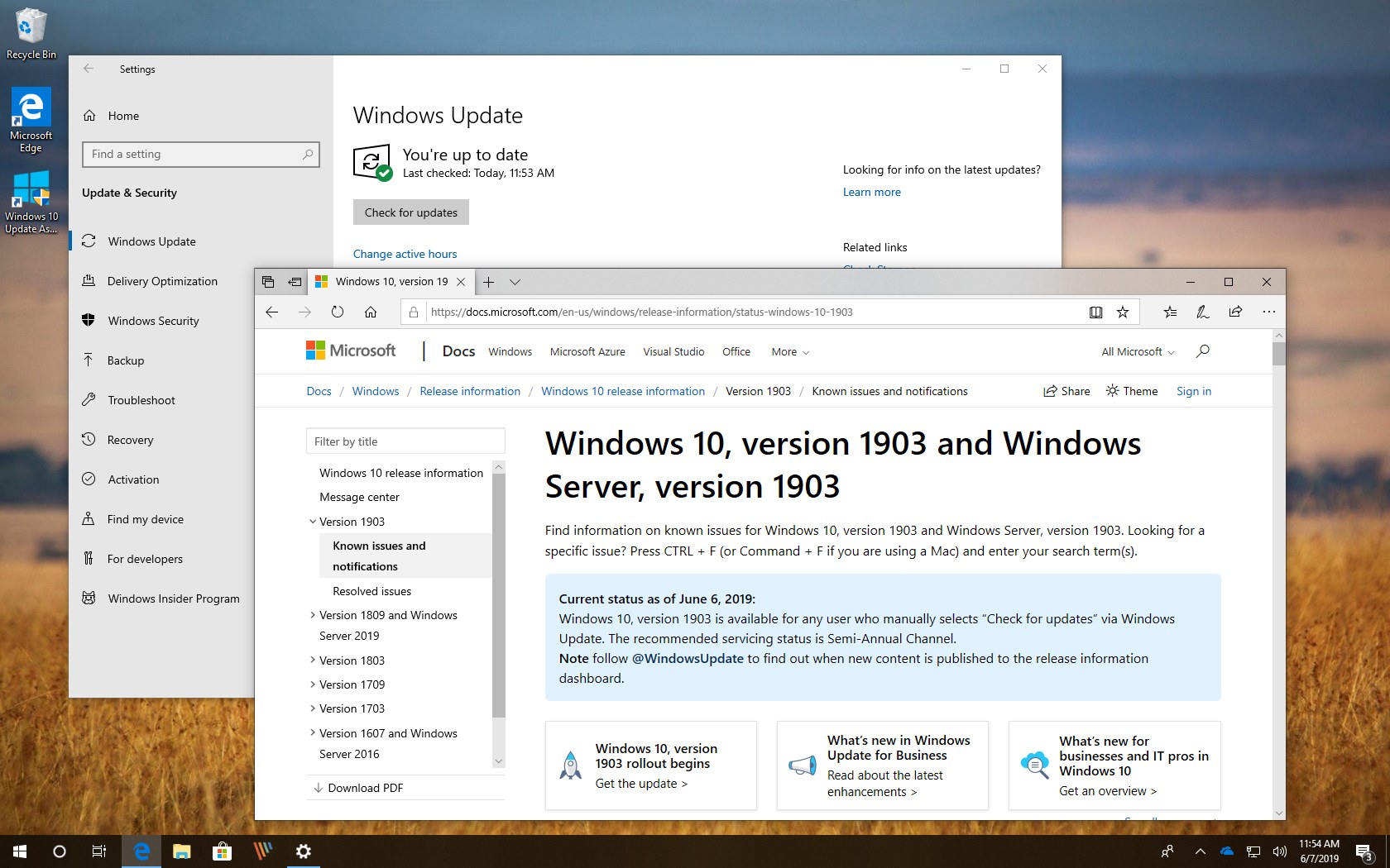 Windows 10 version 1903 fully available notice