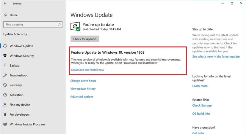 Windows 10 version 1903 install option in Windows Update settings