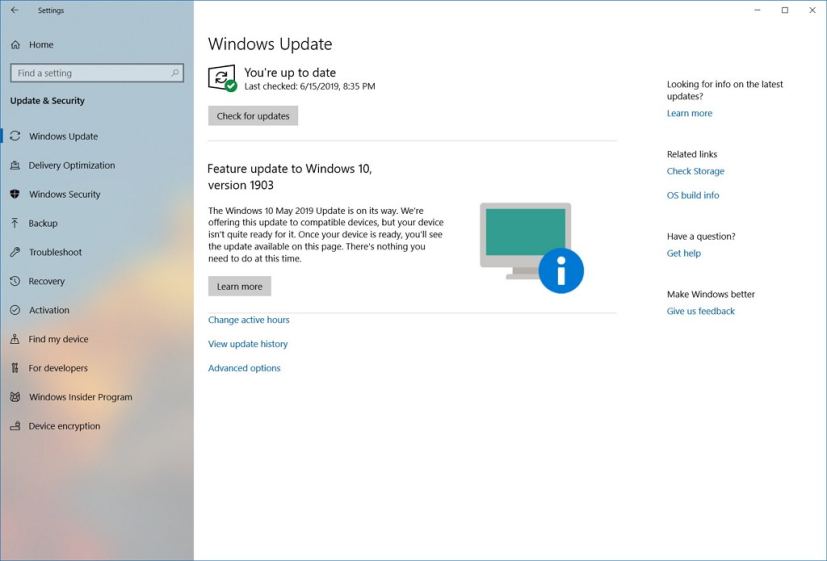 Windows Update, May 2019 Update not ready message