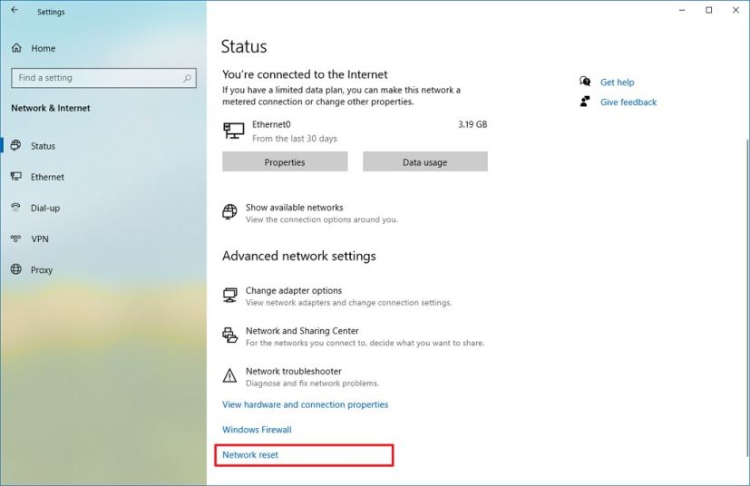 Windows 10 2004 Network reset option