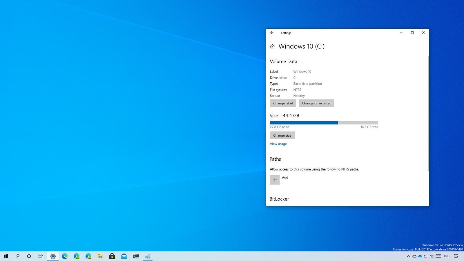 Windows 10 build 20197 disk management tool