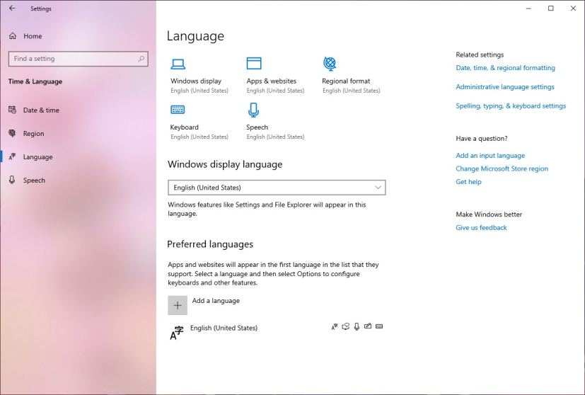 Language settings on Windows 10 20H1