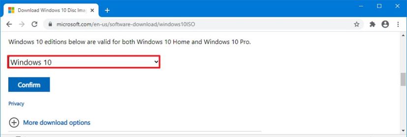Windows 10 20H2 ISO direct download using Chrome