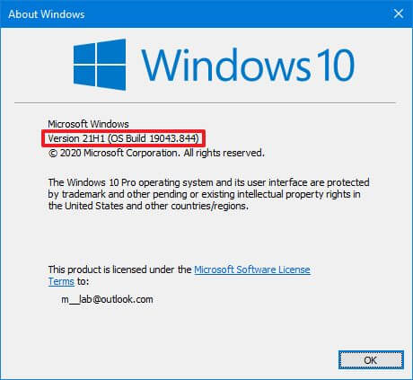 Check Windows 10 21H1 with winver