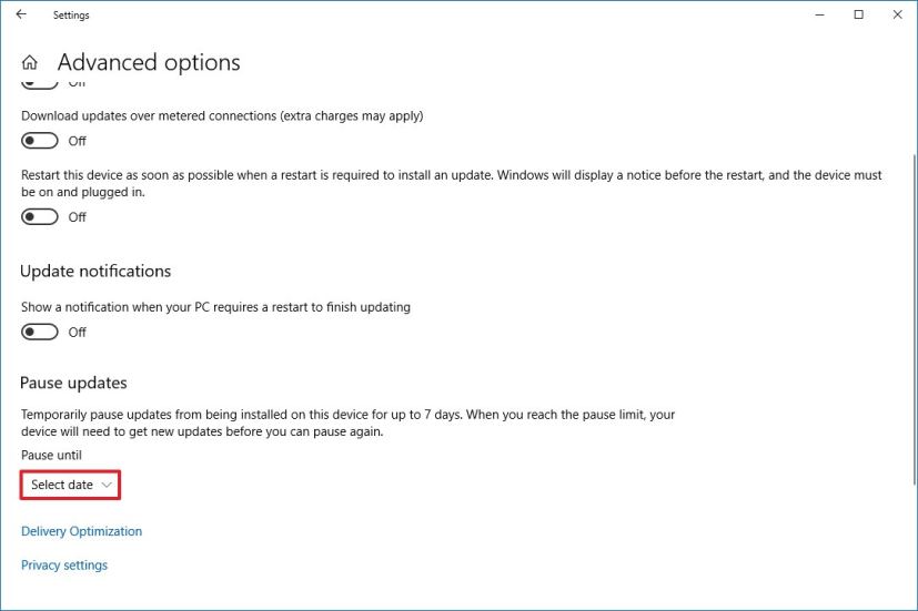 Windows 10 Advanced options page with new Pause Updates settings 
