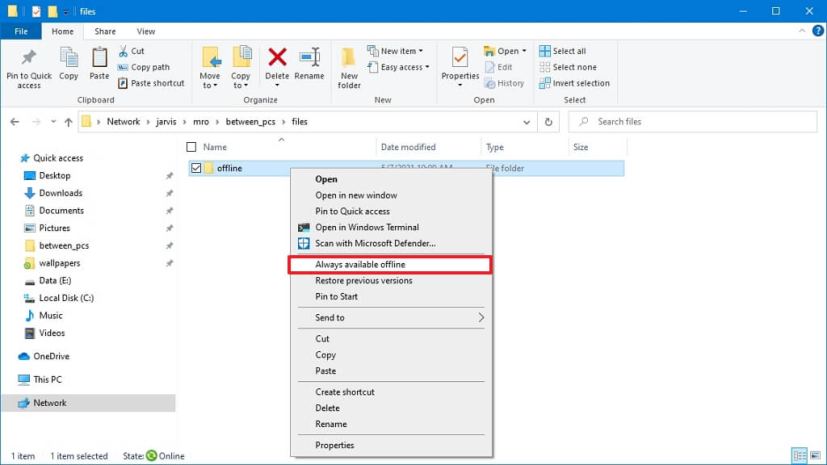 File Explorer files offline option