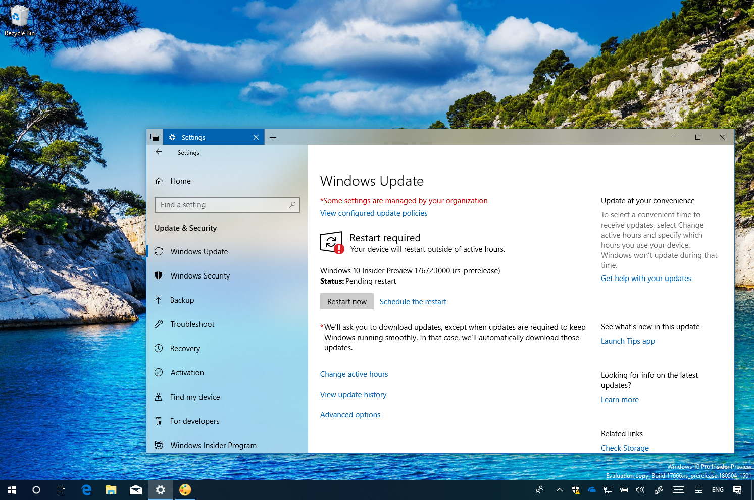 Windows 10 build 17672 desktop with Settings app