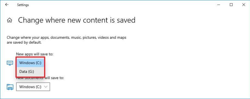 Select new default app install location on Windows 10