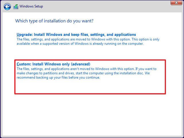 Windows 10 custom install option