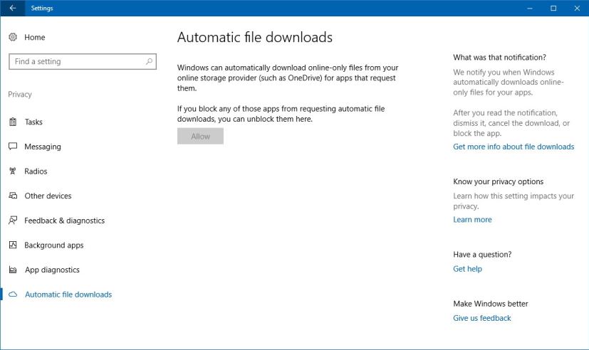 Automatic file downloads settings on the Windows 10 Fall Creators Update