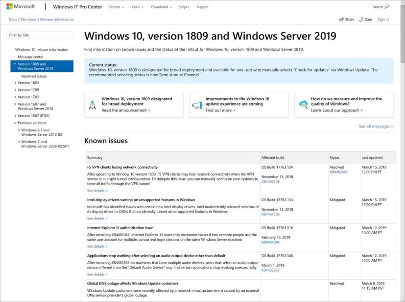 Windows 10 health dashboard starting version 1903