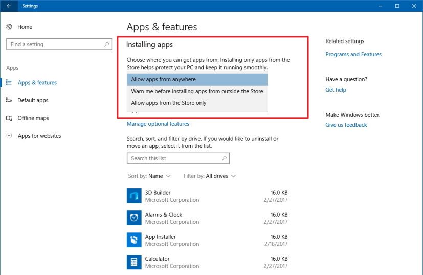 Windows 10 installing apps options