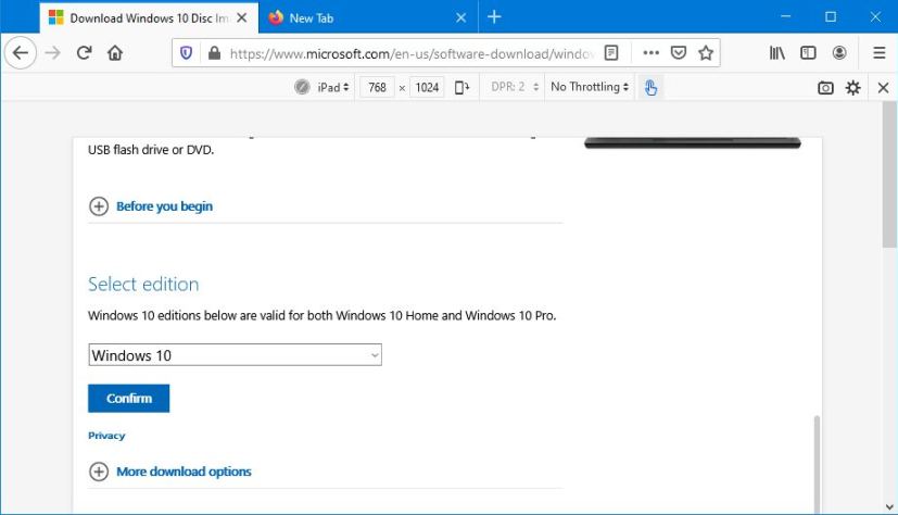 Windows 10 20H2 ISO direct download using Firefox