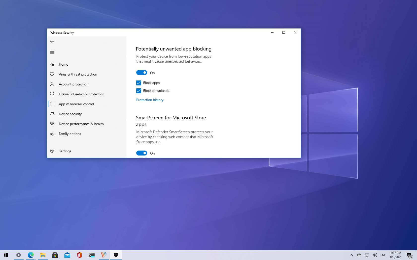 Windows 10 PUA enabled