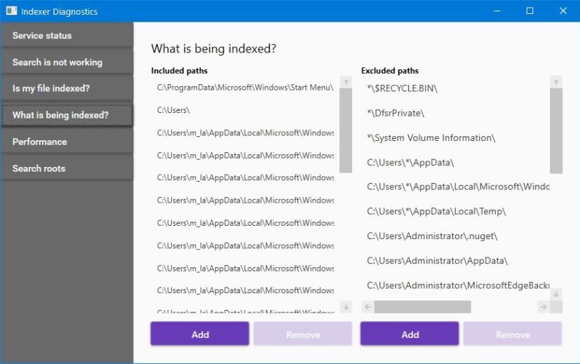 Indexer Diagnostics included and excluded locations