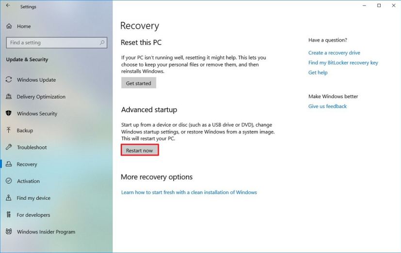 Advanced Startup settings on Windows 10