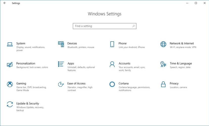 Settings app homepage on Windows 10