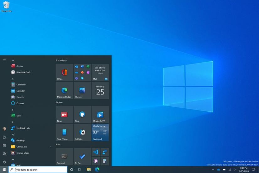 Windows 10 21H1 Start menu (Source: Microsoft)