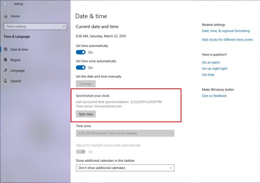 Date & Time settings with manual clock sync option on Windows 10 version 1903