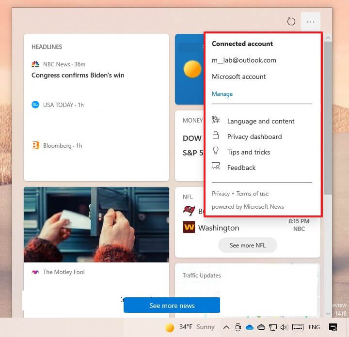 Taskbar news widget settings