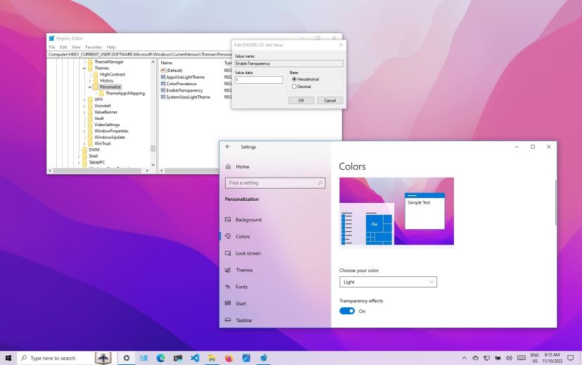 Windows 10 transparency settings