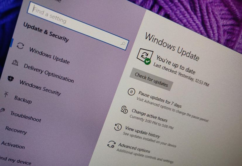 Windows 10 update settings with purple background