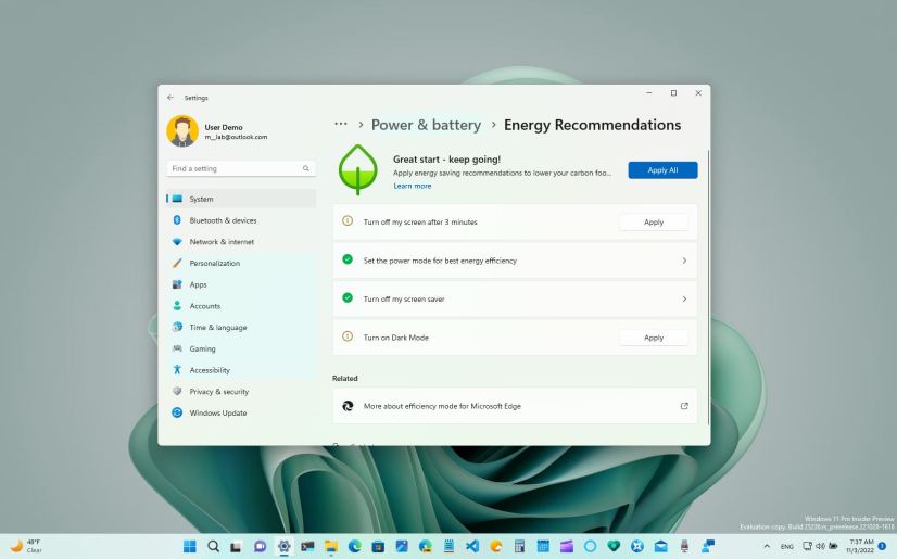Energy Recommendations settings