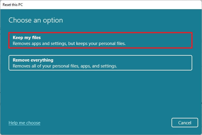 Keep my files reset option