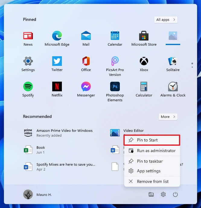 Windows 11 Start menu pin item